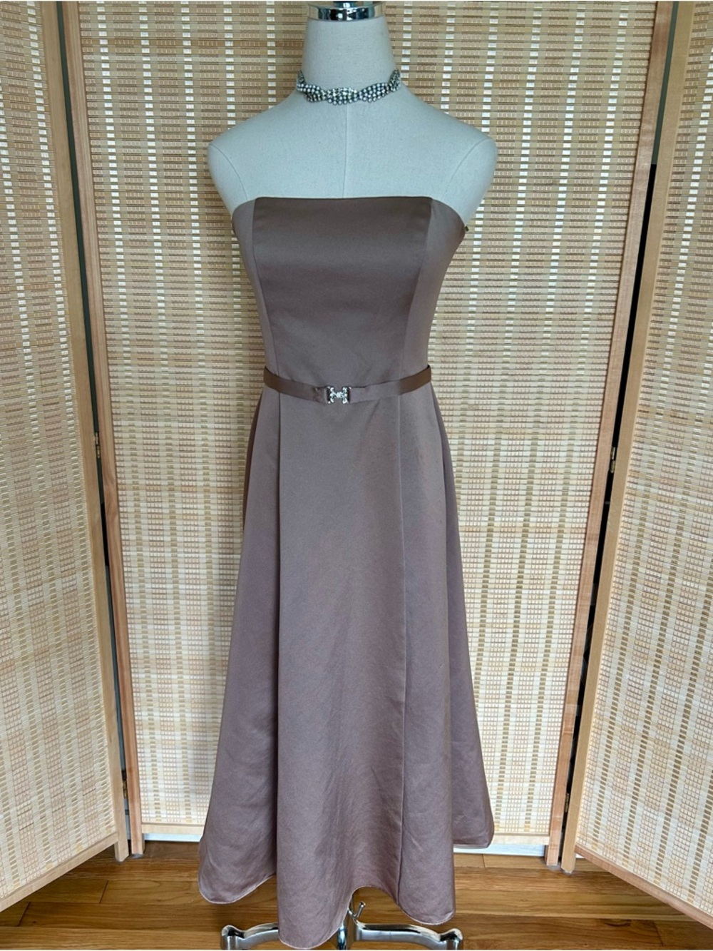 Vintage Michaelangelo Satin Dress 4 Taupe Brown Midi Formal Belt Wedding Prom